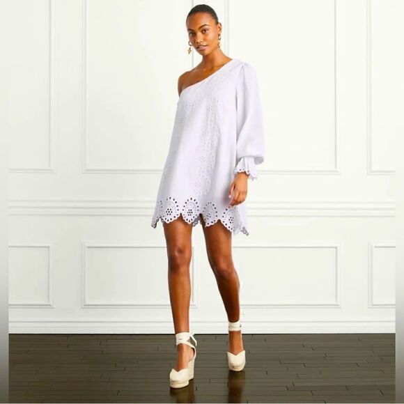 Hill House NWT One Shoulder Eyelet White Linen Blend Cocktail Mini Dress Medium - Picture 1 of 8